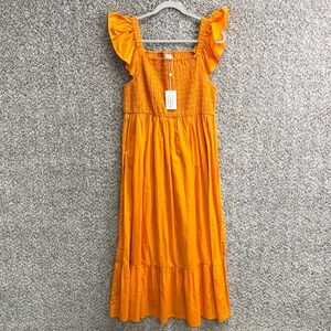 Mud Pie Dress Women's Large Orange Keya‎ Smocked Ruffle Short Sleeve Maxi NWT